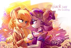 Size: 1620x1080 | Tagged: source needed, safe, artist:xiaoxingxin, imported from derpibooru, applejack, rarity, earth pony, pony, unicorn, clothes, duo, duo female, female, g4, hat, lesbian, looking at each other, looking at someone, ponytail, rarijack, shipping