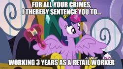 Size: 888x499 | Tagged: safe, edit, edited screencap, imported from derpibooru, screencap, twilight sparkle, alicorn, trade ya, caption, cool and unusual punishment, hammer, image macro, meme, text, trial, twilight sparkle (alicorn)