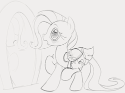Size: 1432x1061 | Tagged: safe, artist:dotkwa, imported from derpibooru, fluttershy, pegasus, pony, blushing, cute, embarrassed, female, grayscale, looking at you, mare, mirror, monochrome, open mouth, saddle, shyabetes, simple background, sketch, solo, standing on two hooves, tack, white background