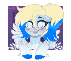 Size: 700x596 | Tagged: safe, artist:zakypo, imported from derpibooru, oc, oc only, oc:azure opus, pegasus, pony, blind, blushing, bust, commission, ear piercing, female, looking at you, mare, piercing, pixel art, portrait, simple background, solo, tongue out, transparent background, two toned mane, ych result
