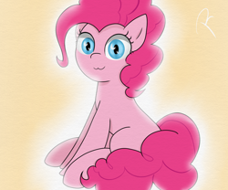 Size: 1200x1000 | Tagged: safe, artist:reinbou, imported from derpibooru, pinkie pie, earth pony, pony, :3, shine, simple background, sitting, solo, yellow background