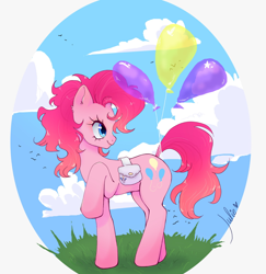 Size: 1556x1600 | Tagged: source needed, safe, artist:julieee3e, imported from derpibooru, pinkie pie, earth pony, pony, alternate hairstyle, bag, balloon, raised hoof, saddle bag, solo