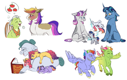 Size: 1280x805 | Tagged: safe, artist:primrosepaper, imported from derpibooru, bow hothoof, cloudy quartz, granny smith, night light, twilight velvet, oc, oc:cosmo, oc:fruity whirl, oc:nova, oc:sympathy song, earth pony, pegasus, pony, unicorn, book, colt, female, filly, flying, foal, grandfather and grandchild, grandmother and grandchild, male, mare, multiple parents, offspring, parent:applejack, parent:fluttershy, parent:pinkie pie, parent:rainbow dash, parent:rarity, parent:twilight sparkle, parents:omniship, reading aloud, simple background, stallion, story time, white background