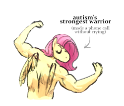 Size: 540x460 | Tagged: safe, artist:punkittdev, imported from derpibooru, fluttershy, anthro, pegasus, arrow, autism, eyes closed, female, flexing, mare, muscles, muscleshy, pose, simple background, solo, text, white background