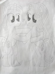 Size: 1560x2104 | Tagged: safe, artist:xuf, imported from derpibooru, starlight glimmer, trixie, pony, unicorn, dilated pupils, female, mare, monochrome, solo, standing, traditional art