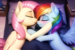 Size: 3072x2048 | Tagged: safe, imported from derpibooru, fluttershy, rainbow dash, pegasus, pony, ai content, ai generated, bed, bedroom, blushing, cuddling, cute, duo, duo female, eyes closed, female, flutterdash, folded wings, generator:novelai, generator:stable diffusion, happy, high res, hoof on cheek, indoors, lesbian, lying down, mare, on side, pillow, prompter:endless--, shipping, sleeping, smiling, snuggling, spread wings, tail, wings