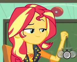 Size: 720x579 | Tagged: safe, edit, edited screencap, imported from derpibooru, screencap, sunset shimmer, human, equestria girls, equestria girls series, forgotten friendship, bacon, cute, female, food, goddess, hypnosis, hypnotized, meat, obey, offscreen character, pendulum, pendulum swing, pov, solo, sunset
