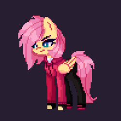 Size: 1000x1000 | Tagged: safe, artist:menalia, imported from derpibooru, fluttershy, pegasus, pony, alternate design, alternate hairstyle, alternate universe, animated, aseprite, black background, clothes, female, fingerless gloves, gif, gloves, hoodie, idle animation, looking at something, mare, pants, pixel art, shirt, shoes, simple background, sneakers, solo, t-shirt, wings, wip
