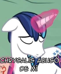 Size: 374x450 | Tagged: safe, edit, edited screencap, imported from derpibooru, screencap, shining armor, season 9, sparkle's seven, spoiler:s09, implied abuse, implied infidelity, implied queen chrysalis, implied shining chrysalis, implied shipping, implied straight, spanish, text