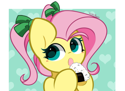 Size: 3362x2452 | Tagged: safe, artist:kittyrosie, imported from derpibooru, fluttershy, pegasus, pony, alternate hairstyle, cute, eating, food, herbivore, onigiri, open mouth, pigtails, shyabetes, solo, twintails
