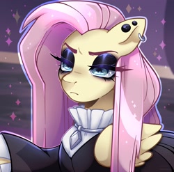 Size: 1668x1651 | Tagged: safe, artist:goldcanines, imported from derpibooru, fluttershy, pegasus, pony, clothes, ear piercing, female, fluttergoth, goth, mare, narrowed eyes, piercing, redraw, solo, unamused