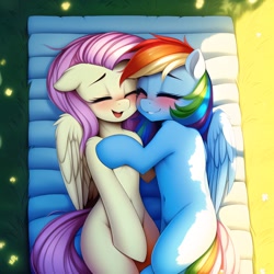 Size: 2560x2560 | Tagged: safe, imported from derpibooru, fluttershy, rainbow dash, pegasus, pony, ai content, ai generated, belly button, blanket, blushing, cuddling, cute, duo, duo female, eyes closed, female, flutterdash, generator:novelai, generator:stable diffusion, grass, happy, high res, lesbian, lying down, mare, missing cutie mark, on side, open mouth, open smile, outdoors, prompter:endless--, shipping, smiling, snuggling, tail, wings