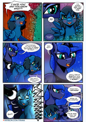 Size: 2480x3508 | Tagged: safe, artist:dsana, imported from derpibooru, princess luna, oc, oc:aunt beet, oc:lullaby dusk, alicorn, earth pony, pegasus, pony, comic:a storm's lullaby, angry, female, filly, foal, mare
