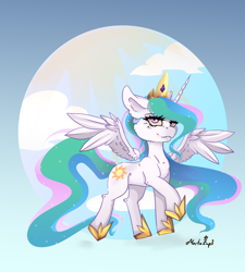 Size: 3228x3592 | Tagged: safe, artist:martazap3, imported from derpibooru, princess celestia, alicorn, pony, horn, sky, solo, sun, wings