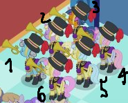 Size: 185x149 | Tagged: safe, edit, imported from derpibooru, screencap, bright ballad, ghost note, mellow play, presto tempo, royalty cost, trill chaser, pony, unicorn, a canterlot wedding, background pony, clothes, cropped, female, hat, hornblower, mare, musical instrument, numbers, picture for breezies, top hat, trumpet, uniform