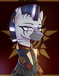 Size: 1951x2524 | Tagged: safe, artist:opal_radiance, imported from derpibooru, oc, oc only, zebra, clothes, coat, ear piercing, earring, glasses, jacket, jewelry, military uniform, piercing, solo, uniform