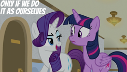 Size: 2000x1125 | Tagged: safe, edit, edited screencap, editor:quoterific, imported from derpibooru, screencap, rarity, twilight sparkle, alicorn, friendship university, twilight sparkle (alicorn)