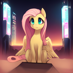 Size: 8192x8192 | Tagged: safe, editor:darkshy, imported from derpibooru, fluttershy, pegasus, pony, ai content, ai generated, city, cyberpunk, generator:purplesmart.ai, generator:stable diffusion, neon, night, sitting, solo