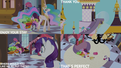 Size: 2000x1125 | Tagged: safe, edit, edited screencap, editor:quoterific, imported from derpibooru, screencap, bags valet, princess celestia, rarity, sweet and elite, bed, bellboy, bellhop pony, canterlot, suitcase