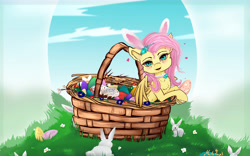 Size: 9000x5600 | Tagged: safe, artist:martazap3, imported from derpibooru, fluttershy, pegasus, pony, rabbit, animal, basket, easter, easter egg, holiday, sky, solo, wings