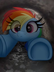 Size: 1536x2048 | Tagged: safe, artist:lbrcloud, edit, imported from derpibooru, photographer:caydentavers, rainbow dash, pegasus, pony, eye clipping through hair, g4, irl, photo, pipe (plumbing), ponies in real life, reference in the description, silly, silly pony, solo, stuck, underhoof