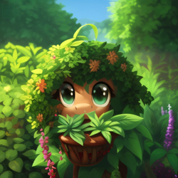 Size: 2048x2048 | Tagged: safe, imported from derpibooru, oc, oc only, unnamed oc, pony, ai content, ai generated, camouflage, cute, eating, eye, eyes, flower, flower pot, generator:purplesmart.ai, generator:stable diffusion, green eyes, herbivore, looking at you, ocbetes, orange coat, plants, solo