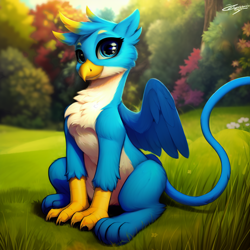 Size: 2048x2048 | Tagged: safe, imported from derpibooru, prompter:mfg637, gallus, griffon, ai content, ai generated, chest fluff, generator:purplesmart.ai, generator:stable diffusion, looking at you, male, sitting, solo