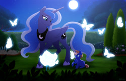 Size: 1280x830 | Tagged: safe, artist:akeahi, imported from derpibooru, princess luna, oc, oc:moonrise, alicorn, bat pony, bat pony alicorn, butterfly, pony, bat wings, colt, duo, foal, folded wings, full moon, horn, looking at someone, looking down, magic, male, moon, night, outdoors, quadrupedal, raised hoof, smiling, turned head, wings