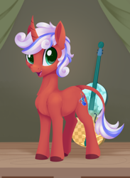 Size: 2116x2884 | Tagged: safe, artist:dusthiel, imported from derpibooru, oc, oc only, oc:cherry showers, pony, unicorn, curved horn, guitar, horn, leonine tail, musical instrument, open mouth, quadrupedal, solo