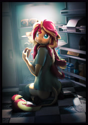 Size: 4000x5656 | Tagged: safe, artist:imafutureguitarhero, imported from derpibooru, sunset shimmer, anthro, classical unicorn, unguligrade anthro, unicorn, 3d, absurd resolution, alcohol, arm fluff, arm freckles, ass, border, bottle, bread, butt, butt fluff, butt freckles, caught, cheek fluff, cheese, chocolate, chocolate bar, chromatic aberration, clothes, cloven hooves, colored eyebrows, colored eyelashes, crumbs, cupboard, cute, ear fluff, ear freckles, eating, egg, elbow fluff, female, film grain, floor, floppy ears, fluffy, food, freckles, fur, glowing, herbivore, hoof fluff, horn, juice, kneeling, leg fluff, leonine tail, looking at camera, looking at you, looking back, looking back at you, mare, messy mane, milk carton, multicolored hair, multicolored mane, multicolored tail, nightshirt, no pants, nose wrinkle, on floor, one ear down, paintover, panties, peppered bacon, pepsi, pizza box, plate, rear view, refrigerator, revamped anthros, revamped ponies, shimmerbetes, shirt, signature, soda, soda can, solo, source filmmaker, stockings, striped stockings, tail, tail hole, thigh highs, toblerone, underhoof, underwear, unshorn fetlocks, wall of tags, wide eyes, wine, wine bottle