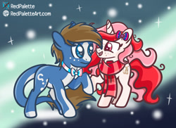 Size: 1280x934 | Tagged: safe, artist:redpalette, imported from derpibooru, oc, oc:mac, oc:red palette, unicorn, clothes, cute, digital art, etherial, female, horn, lgbt, male, mare, pride, scarf, smiling, stallion, unicorn oc