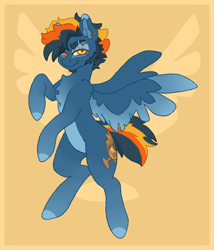 Size: 1500x1750 | Tagged: safe, artist:nyrillen, imported from derpibooru, oc, oc only, pegasus, pony, pony town, blue mane, body markings, ear piercing, eyebrow piercing, facial markings, male, pegasus oc, piercing, pony oc, simple background, solo, spread wings, stallion, wings, yellow background