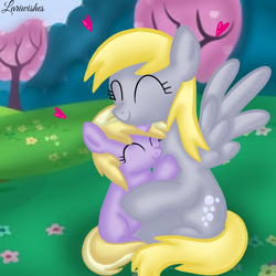 Size: 1400x1400 | Tagged: safe, artist:mlplary6, imported from derpibooru, derpy hooves, dinky hooves, pegasus, pony, unicorn, duo, equestria's best mother, eyes closed, female, filly, foal, heart, hug, love, mare, mother and child, mother and daughter, sitting, tree