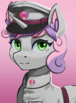 Size: 156x210 | Tagged: safe, artist:mustaphatr, artist:printik, edit, imported from derpibooru, sweetie belle, pony, unicorn, equestria at war mod, bust, cap, clothes, cmc world conquest timeline, gradient background, hat, older, older sweetie belle, picture for breezies, pin, portrait, solo, uniform