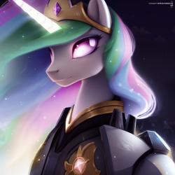 Size: 1536x1536 | Tagged: safe, imported from derpibooru, princess celestia, alicorn, ai content, ai generated, armor, armored pony, black background, bust, ethereal mane, female, generator:stable diffusion, glowing, glowing eyes, glowing horn, horn, jewelry, long mane, mare, portrait, prompter:teonanakatle, regalia, royalty, simple background, solo, starry mane