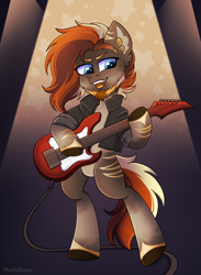 Size: 3000x4091 | Tagged: safe, artist:madelinne, imported from derpibooru, oc, oc only, oc:living flame, earth pony, pony, bipedal, electric guitar, guitar, male, musical instrument, playing instrument, stallion