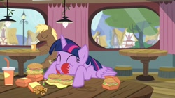 Size: 2560x1440 | Tagged: safe, imported from derpibooru, screencap, coco crusoe, twilight sparkle, alicorn, earth pony, pony, twilight time, ^^, burger, cute, eyes closed, female, food, happy, hay burger, horseshoe fries, ketchup, male, mare, sauce, stallion, that pony sure does love burgers, twiabetes, twilight burgkle, twilight sparkle (alicorn)