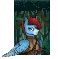 Size: 2300x2353 | Tagged: safe, artist:molars, imported from derpibooru, oc, oc only, oc:roaring forties, pegasus, pony, equestria at war mod, background, blue eyes, blue fur, clothes, commission, feather, gun, jungle, looking at you, solo, uniform, weapon, wings