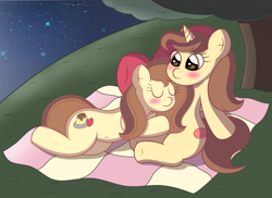 Size: 3509x2550 | Tagged: safe, artist:sparkfler85, imported from derpibooru, oc, oc only, oc:flani bainilye, oc:hymyt, earth pony, pony, unicorn, belly button, blanket, blushing, bow, eyes closed, female, freckles, headband, heart, heart eyes, incest, lesbian, lying down, night, outdoors, picnic blanket, resting, romantic, starry sky, stars, tree, wingding eyes