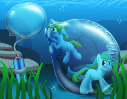 Size: 2320x1815 | Tagged: safe, artist:bladedragoon7575, imported from derpibooru, oc, oc only, oc:balance blade, oc:delphina depths, air bubble, air tank, bubble, crepuscular rays, in bubble, ocean, seaweed, sunlight, swimming, this will end in death, underwater, water, water bubble