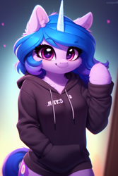 Size: 512x768 | Tagged: safe, imported from derpibooru, izzy moonbow, pony, semi-anthro, unicorn, ai content, ai generated, arm hooves, bipedal, breasts, clothes, ear fluff, female, g5, generator:purplesmart.ai, generator:stable diffusion, hoodie, looking at you, prompter:nightluna, smiling, smiling at you, solo, standing