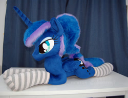 Size: 2618x2000 | Tagged: safe, artist:lanacraft, imported from derpibooru, princess luna, alicorn, clothes, irl, photo, plushie, socks, solo, striped socks