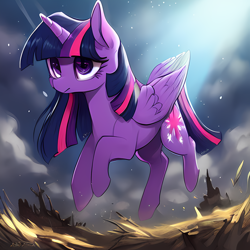 Size: 2048x2048 | Tagged: safe, editor:darkshy, imported from derpibooru, twilight sparkle, alicorn, pony, ai content, ai generated, generator:purplesmart.ai, generator:stable diffusion, solo, storm, twilight sparkle (alicorn), wings