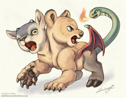 Size: 1027x800 | Tagged: safe, artist:lindsay cibos, imported from derpibooru, oc, big cat, chimera, goat, lion, snake, baby, cub, cute, dragon wings, fire, open mouth, solo, wings