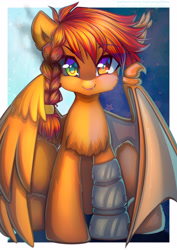 Size: 3508x4961 | Tagged: safe, artist:chaosangeldesu, imported from derpibooru, oc, oc only, bat pony, pegasus, pony, bat pony oc, bat wings, commission, cute, heterochromia, looking at you, sitting, smiling, solo, wings