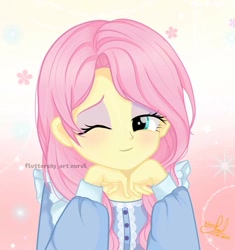 Size: 833x886 | Tagged: safe, artist:fluttershy_art.nurul, imported from derpibooru, fluttershy, human, equestria girls, blouse, bust, clothes, cute, female, gradient background, looking at you, one eye closed, shyabetes, smiling, solo, supporting head, wink, winking at you