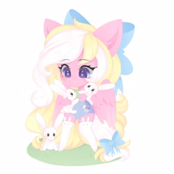 Size: 4000x4000 | Tagged: safe, artist:yomechka, imported from derpibooru, oc, oc only, oc:bay breeze, anthro, pegasus, rabbit, unguligrade anthro, animal, bow, clothes, cute, female, hair bow, heart, heart eyes, simple background, socks, solo, tail, tail bow, white background, wingding eyes