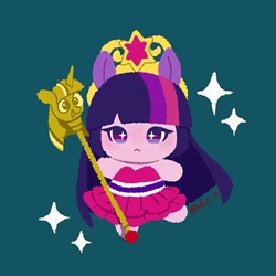 Size: 766x766 | Tagged: safe, artist:efuji_d, imported from derpibooru, twilight sparkle, human, equestria girls, big crown thingy, chibi, clothes, cute, dress, element of magic, fall formal outfits, female, frown, green background, jewelry, ponied up, regalia, scepter, simple background, solo, sparkles, starry eyes, twiabetes, twilight scepter, wingding eyes