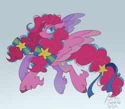 Size: 1024x892 | Tagged: safe, artist:petaltwinkle, imported from derpibooru, pinkie pie, pegasus, pony, female, gradient background, hair ribbon, long feather, mare, pegasus pinkie pie, pigtails, race swap, ribbon, signature, smiling, solo, spread wings, twintails, unshorn fetlocks, wings