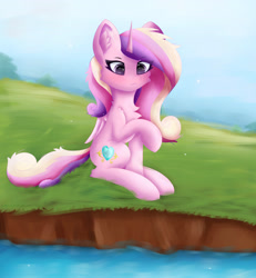 Size: 3053x3298 | Tagged: safe, artist:gaffy, imported from derpibooru, princess cadance, alicorn, pony, chest fluff, ear fluff, female, mare, raised hoof, sitting, solo, water, wings